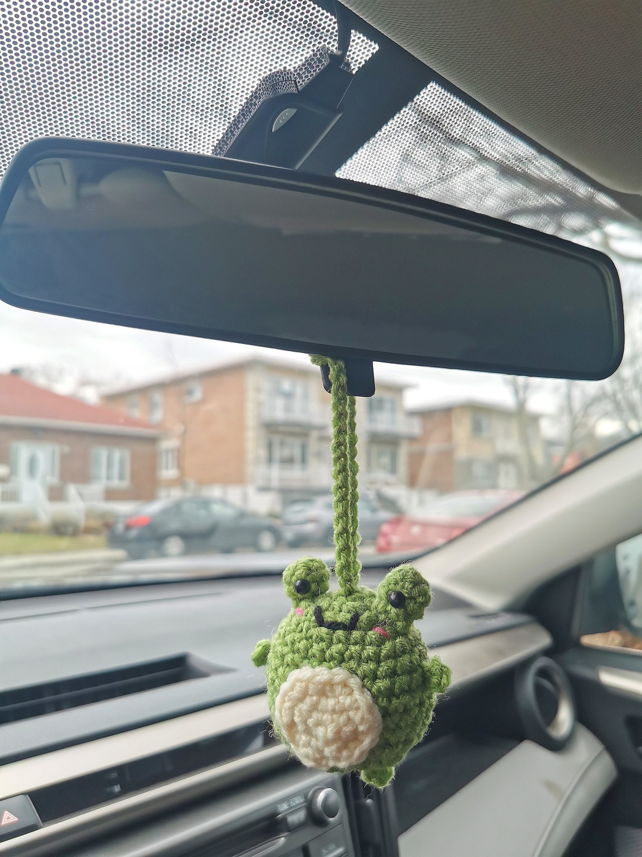 Vansolinne Frog Car Accessories Cute Rear View Mirror Hanging Mushroom  Green Crochet Daisy Car Stuff Charm Ornament Pendant Knitted Interior