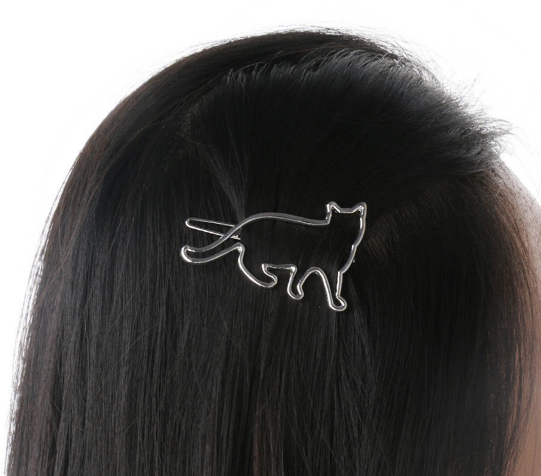Set of 2 Polished Stainless Steel Cat Shaped Hair Pin Hair Barrette