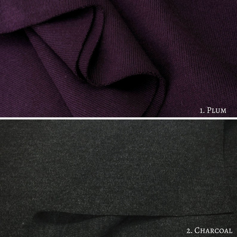 Puede incluir: Dos muestras de tela, una de punto de canal&eacute; de color morado oscuro etiquetada como "1. PLUM" y la otra de tela texturizada gris antracita etiquetada como "2. CHARCOAL".