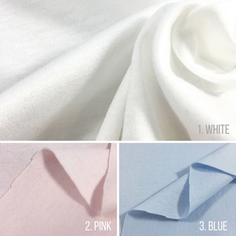 May include: Three fabric swatches in white, pink, and light blue. The swatches are folded to show the texture of the fabric.