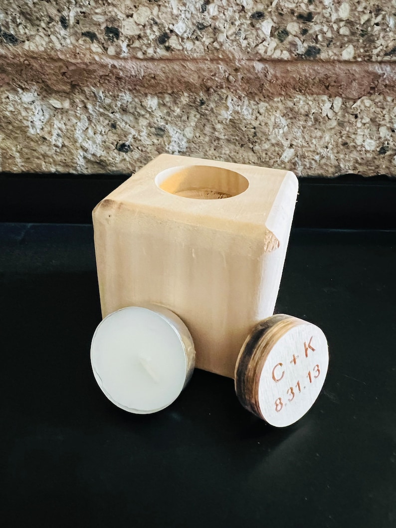 9TH ANNIVERSARY Willow Wood Block 3 inch, with Removable Personalized Engraved both sides Circle Wood Piece with Tea light Candle Included image 4