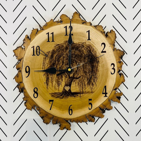 CLOCK  WILLOW Wood Slice with Personalized Engraving  11-12 inch x 1 inch thick