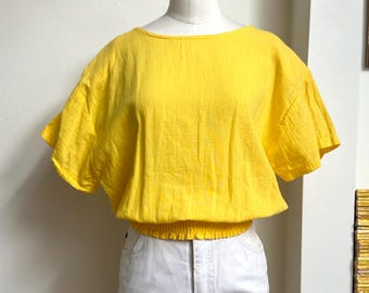 1980s Yellow Gauze Cotton Smocked Waist Top
