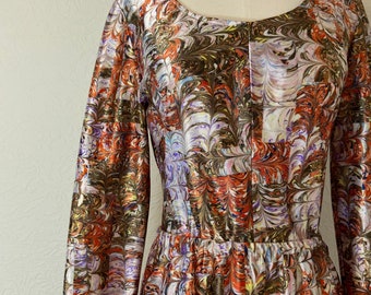 1970s Psychedelic Swirl Marbled Printed Maxi Skirt and Tunic Set