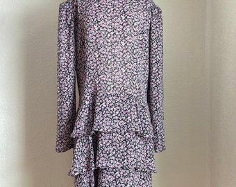 1980s/1990s Dainty Dark Floral Tiered Ruffle Skirt Shift Dress