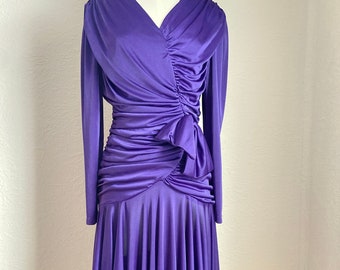 1970s/1980s Slinky Knit Purple Ruched Bow Detail Disco Dancing Party Dress