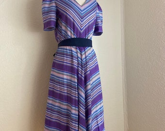 1970s Chevron Stripe Midi Dress, Jewel Tone A-Line, Puff Sleeve