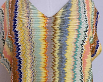 1970s Zigzag Knit Top, Sleeveless Psychedelic Blouse, Slinky Nylon XL