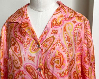 1960s Pink Yellow Orange Silk Paisley 3/4 Sleeve Boxy Blouse