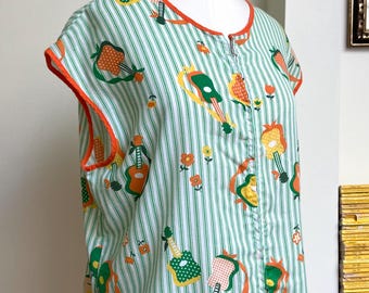 1960s Acoustic Guitar Stripes Novelty Print Smock Tunic Top