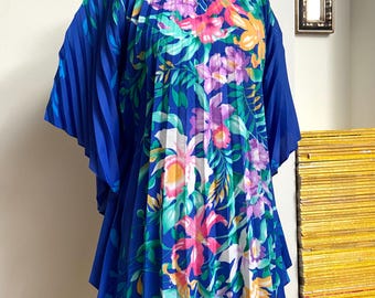 1970s Blue Bold Tropical Floral Accordion Pleat Tunic Kaftan