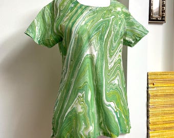 1970s Green Marbled Silk Square Scoop Neck Short Sleeve Top
