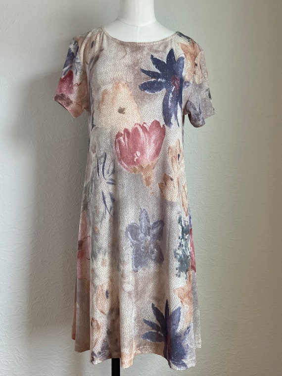 1990s Glittery Watercolor Floral Babydoll Shift D… - image 2