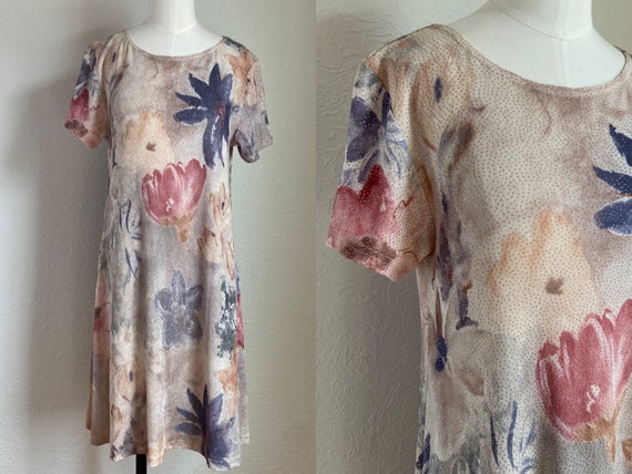 1990s Glittery Watercolor Floral Babydoll Shift D… - image 1