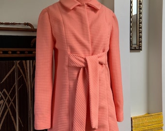 1970s Coral Pink Textured Knit Mod Dress & Jacket Set