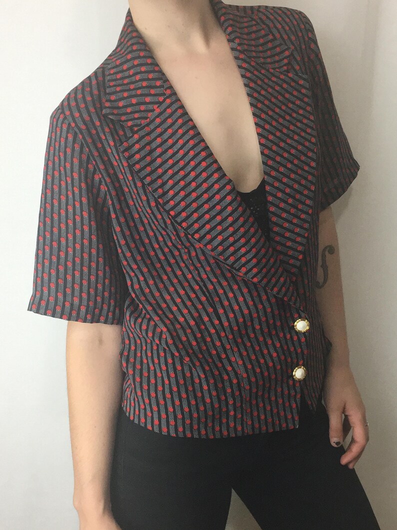 Striped Polka Dot Pattered Silky Short Sleeve Blazer Gold Button Front Deep V Neck Oversize Top with Shoulder Pads 1980s Blazer Blouse