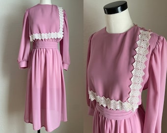 1970s/1980s Lilac Candy Pink Lace Trim Bib Cummerbund Belt Elastic Waist Dress