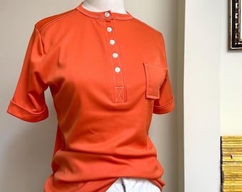 1970s Orange Knit White Contrast Stitch Half Button Single Pocket Top
