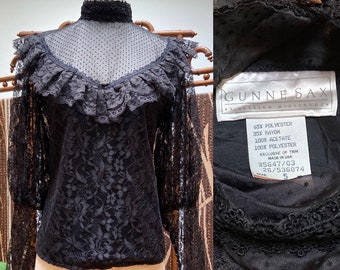 1980s Gunne Sax Black Lace Sheer Mutton Sleeve Goth Hippie Victorian Revival Blouse