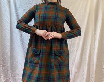 1960s Rich Plaid Babydoll Shift Dress Cozy Winter Retro Dress