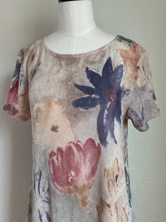 1990s Glittery Watercolor Floral Babydoll Shift D… - image 6