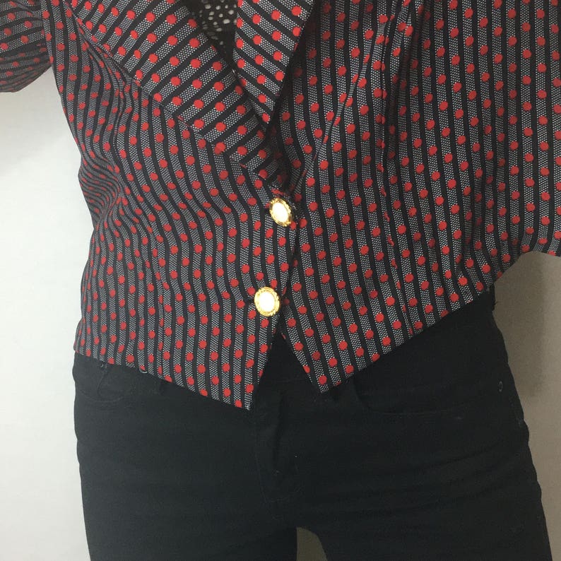 Striped Polka Dot Pattered Silky Short Sleeve Blazer Gold Button Front Deep V Neck Oversize Top with Shoulder Pads 1980s Blazer Blouse