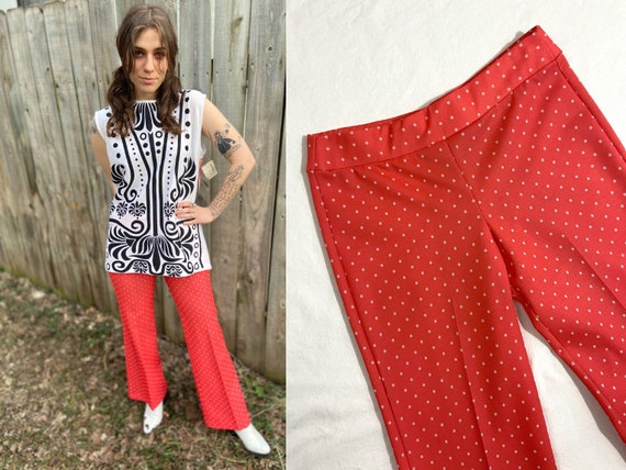 Vintage 1970s Polka Dot Pants | Coral Salmon Pink
