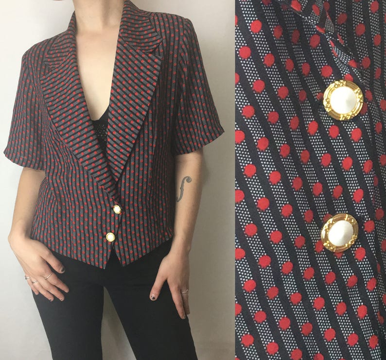 Striped Polka Dot Pattered Silky Short Sleeve Blazer Gold Button Front Deep V Neck Oversize Top with Shoulder Pads 1980s Blazer Blouse