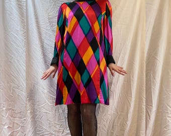 1980s Louis Féraud Bold Gem Tone Harlequin Diamond Print Silk Party Dress