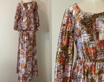 1970s Psychedelic Swirl Marbled Printed Maxi Skirt and Tunic Set