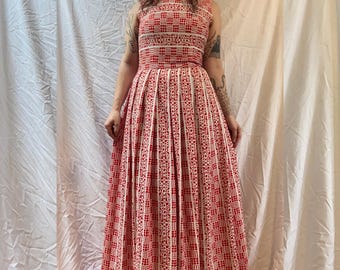 1970s Red White Op Art Abstract Geo Dot Print Mockneck Maxi Dress