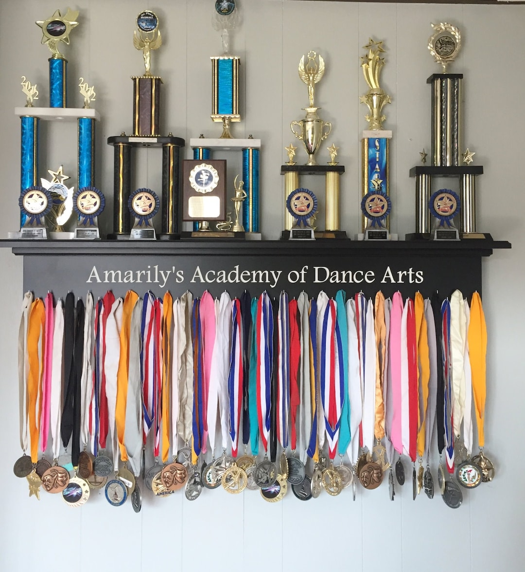 Trophy Shelf Ribbon Holder Engraved Medal Display Dance Award