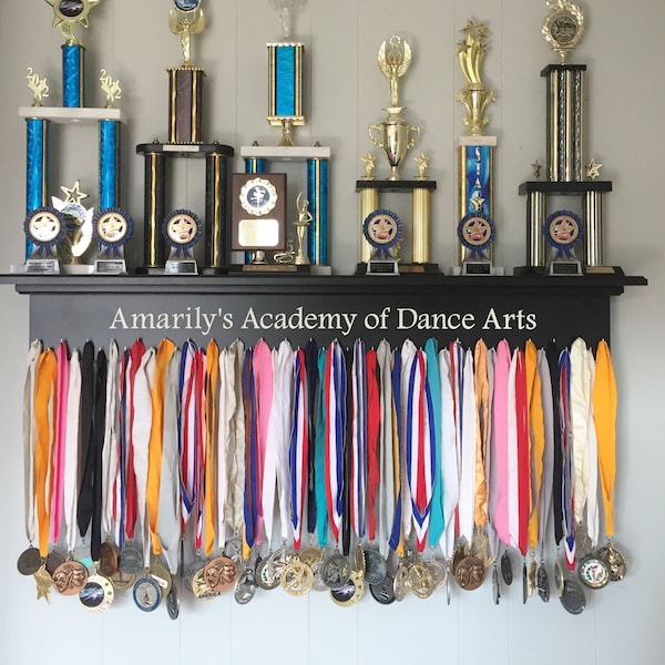 Engraved Trophy Shelf & Ribbon Holder, Personalized Award Display (48")