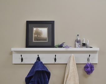 White Entryway Shelf with Coat Hooks, Farmhouse Self with Picture Ledge, Towel Rack, Bathroom Shelf 36"