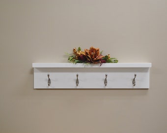 White Coat Rack with Hooks, Farmhouse Entryway Organizer, Bath Shelf with Picture Ledge, Towel Rack, Mud Room Shelf 30"