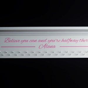 Medal Holder Personalized Ribbon Display Engraved Trophy Shelf Believe you can Ribbon Holder Medal Hanger Award Display Sports Shelf 30&quot;