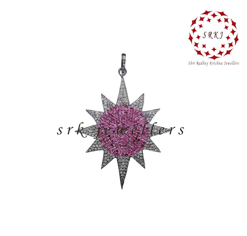 Handmade 925 Sterling Silver Ruby Diamond Sunburst Pendant