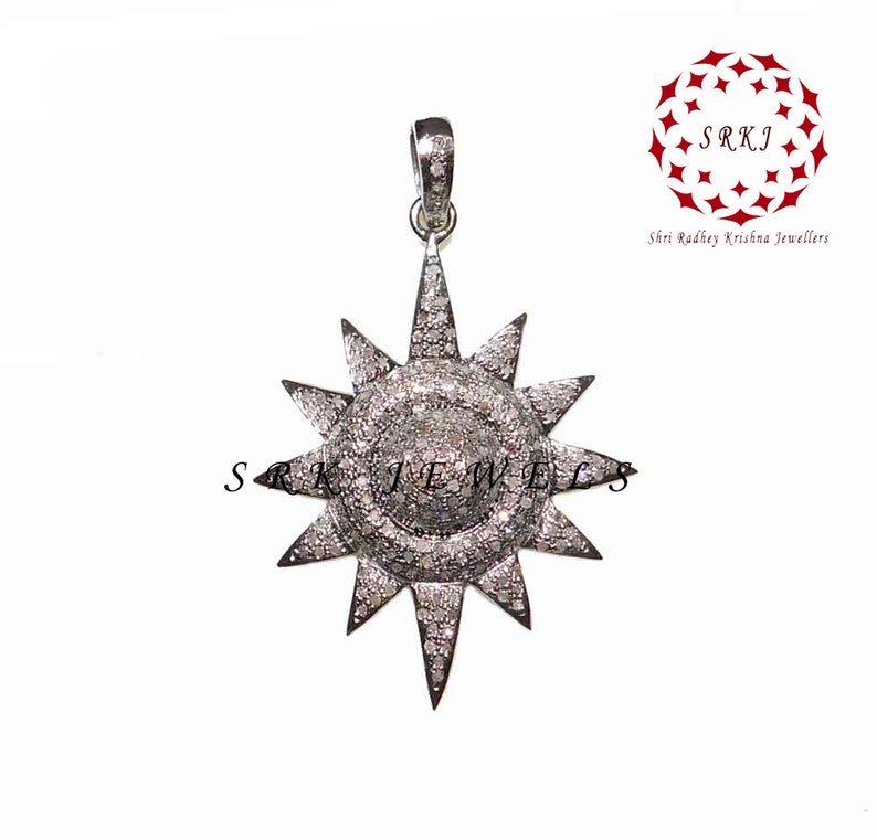 Handmade Pave Diamond 925 Silver 40 MM Sunburst Shape Pendant PD-0077