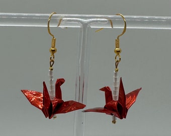 Origami Crane Earrings (Metallic Red) - 925 Serling Silver Hooks (Gold colored)