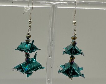 2 Stack Origami Turtle Earrings (Metallic Teal) - 925 Serling Silver Hooks