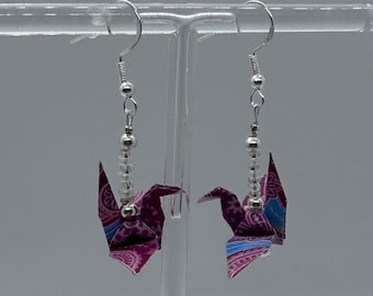 Origami Crane Earrings (Pink/Blue pattern) - 925 Serling Silver Hooks