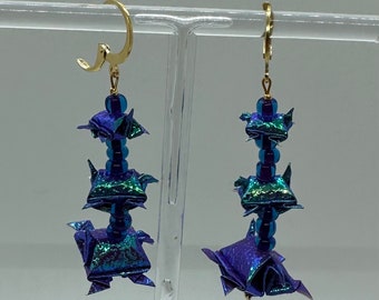 3 Stack Origami Turtle Earrings (Iridesent Dark Blue) - Gold Circular Hooks