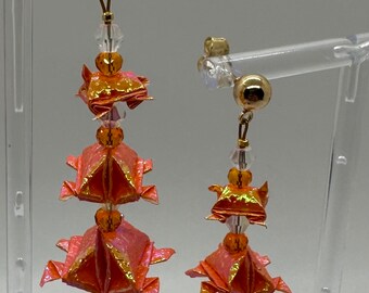 3 Stack Origami Turtle Earrings (Iridesent Orange) - Gold Posts