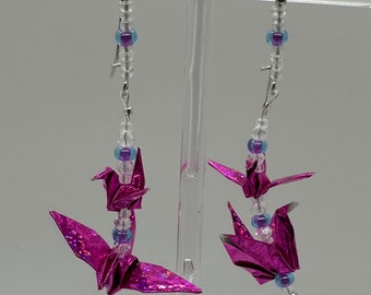 2 Stack Origami Crane Earrings (Metallic Dark Pink) - Silver colored Ear Wire medium Hooks