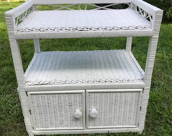 White Wicker End Table, Natural Wicker, Two Door Stand, MCM