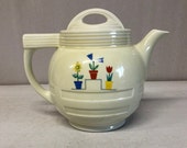 Antique Drip O Later, Coffee Pot ,Ceramic Pitcher, Art Deco Period, Enterprise Aluminum Co ,Flower Pots Pattern