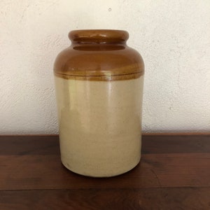 Stone Ware Crock,  TwoTone Brown and Tan, Antique Butter Churn, Crock, Vase, Country Milk Jar, Farm House Kitchen