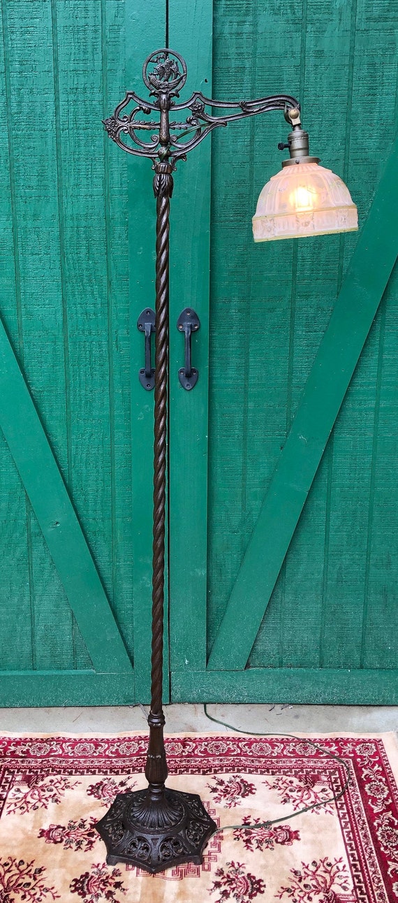 Cast Iron Bridge Lamp Hand Painted Glass Shade Victorian Etsy