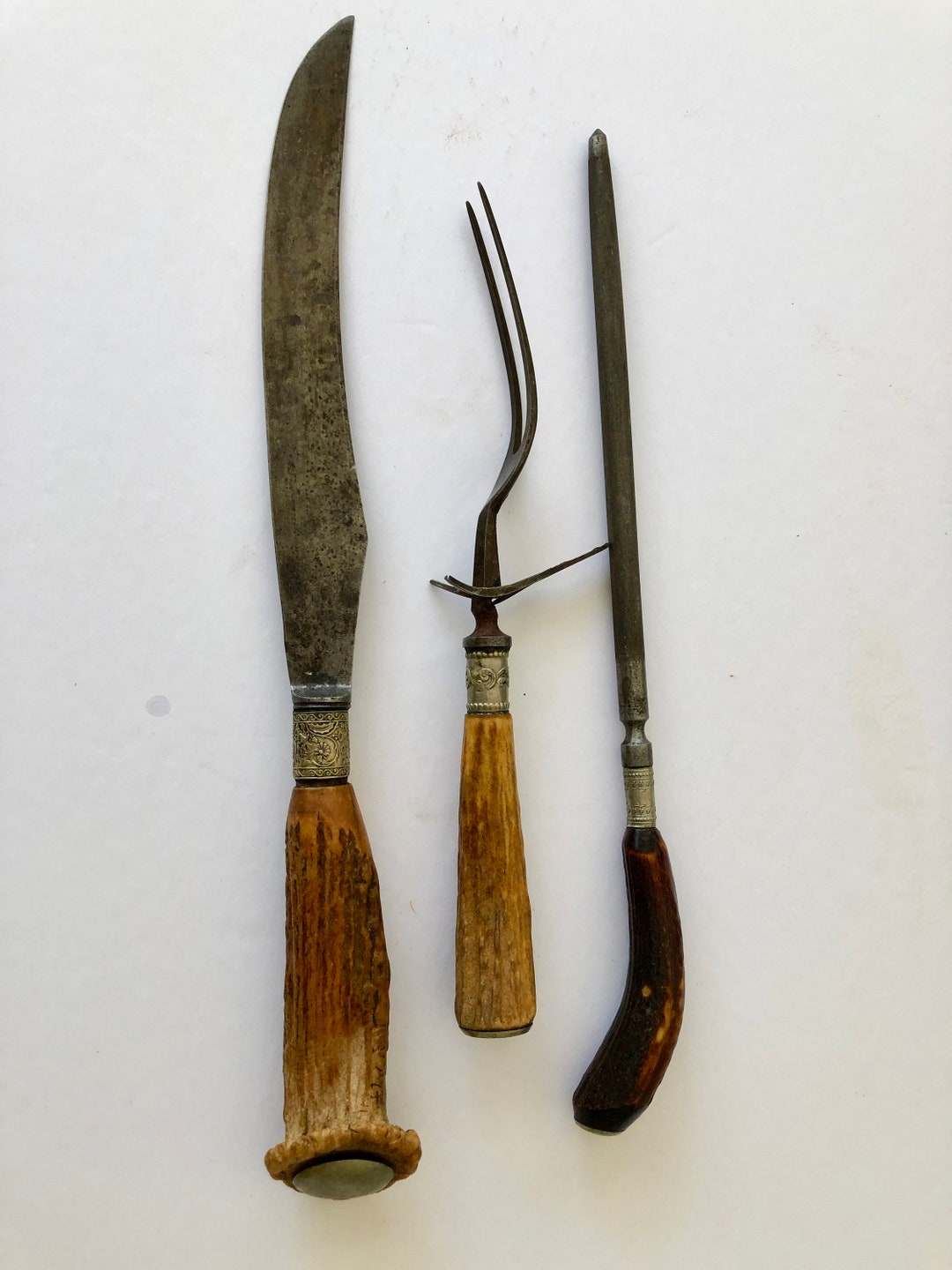 ANTIQUE 1880'S BRANTFORD CUTLERY CO. NEVER DULL STAG HANDLE CARVING SET