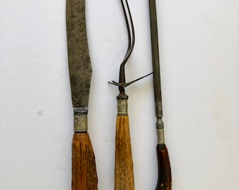 Antique Stag Horn Handle Carving Set, Collectible Knife Fork, 1921